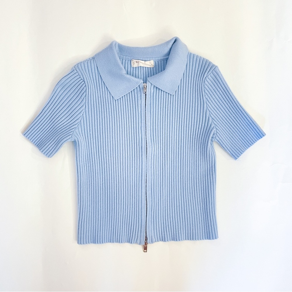 Blue Zip Up Short Sleeve Sweater Knit Top